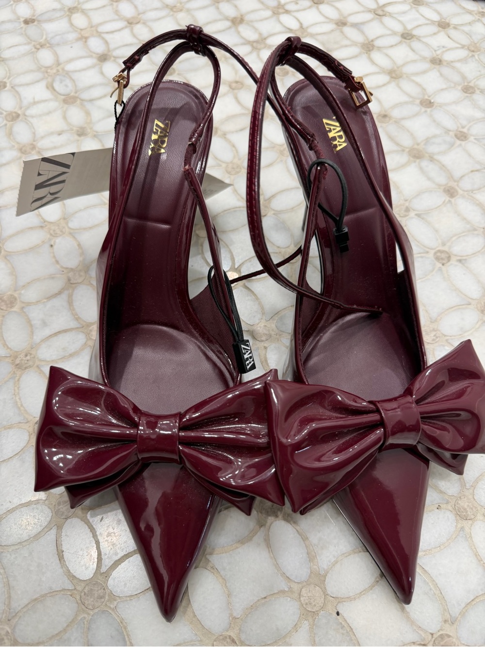 Zara Patent Pointed Slingback Heels with Bow in Deep Berry